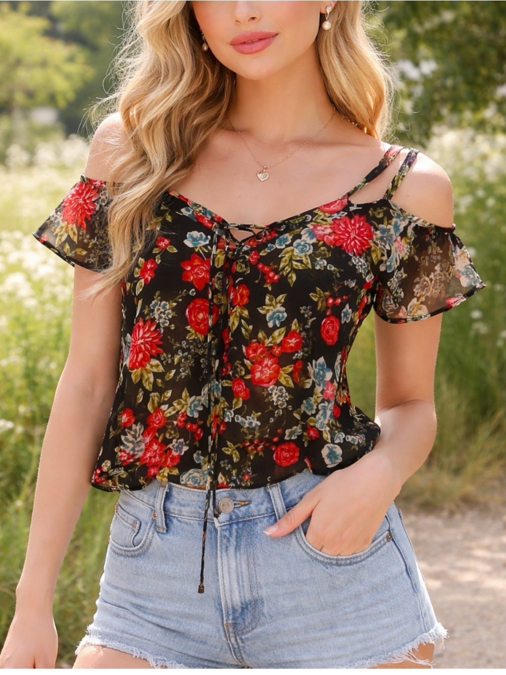 Material Girl Black Floral Cold-Shoulder Lace-Up Blouse